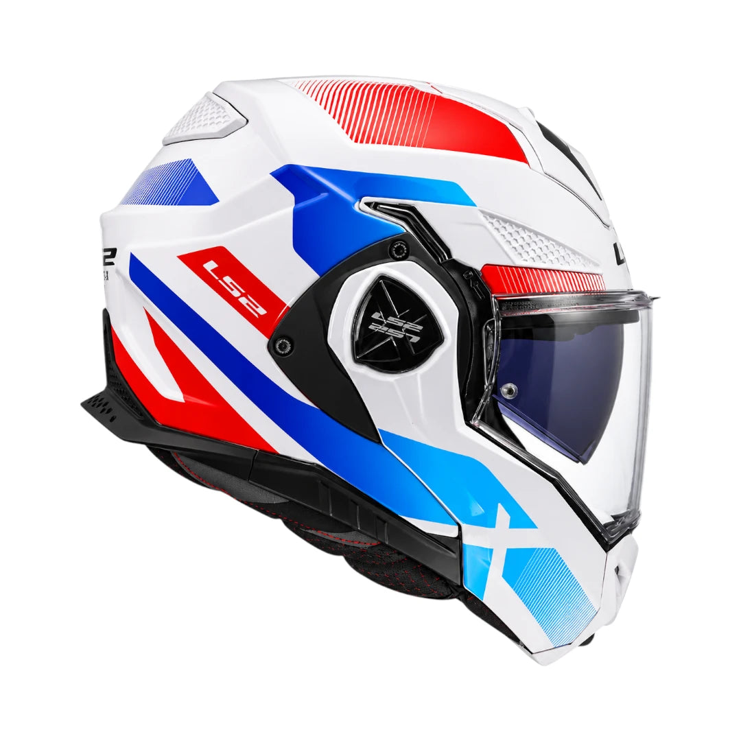LS2 FF901 Advant X Nova convertible motorcycle helmet in white, blue, and red with a drop-down sun visor.