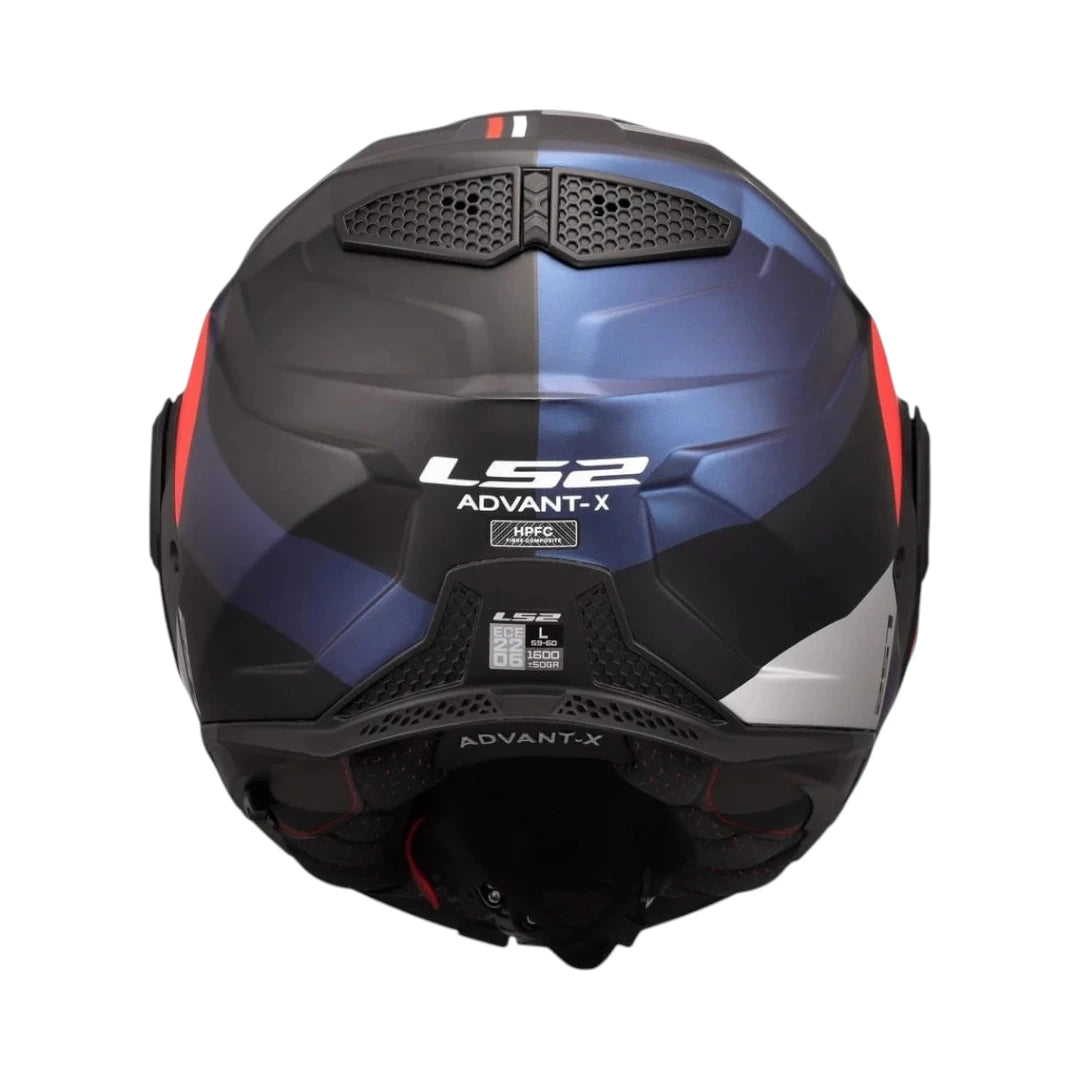 Rear view of the LS2 FF901 Advant X Ultra convertible motorcycle helmet in gloss blue and red finish.