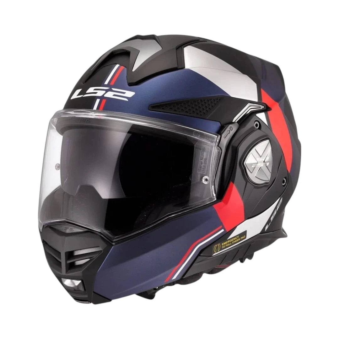 LS2 FF901 Advant X Ultra convertible motorcycle helmet in gloss blue, red, and black with a clear visor.