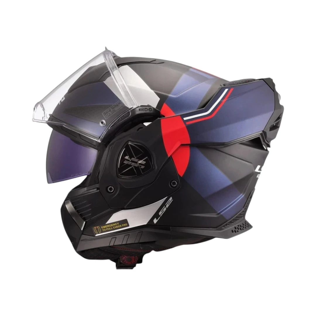 LS2 FF901 Advant X Ultra convertible motorcycle helmet in gloss blue and red with a drop-down sun visor.