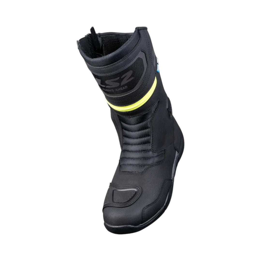 LS2 Goby black waterproof motorcycle touring boots with reinforced ankle protection and reflective details.