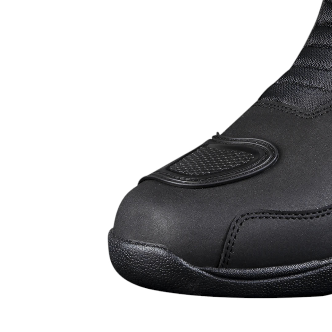 LS2 Goby waterproof touring motorcycle boot showing the reinforced toe cap and durable black leather finish.