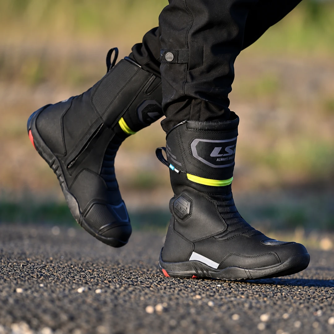 LS2 Goby waterproof black leather motorcycle touring boots with reflective details and ankle protection.