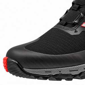 LS2 Trekker waterproof motorcycle boot toe detail featuring black ripstop fabric and red accent
