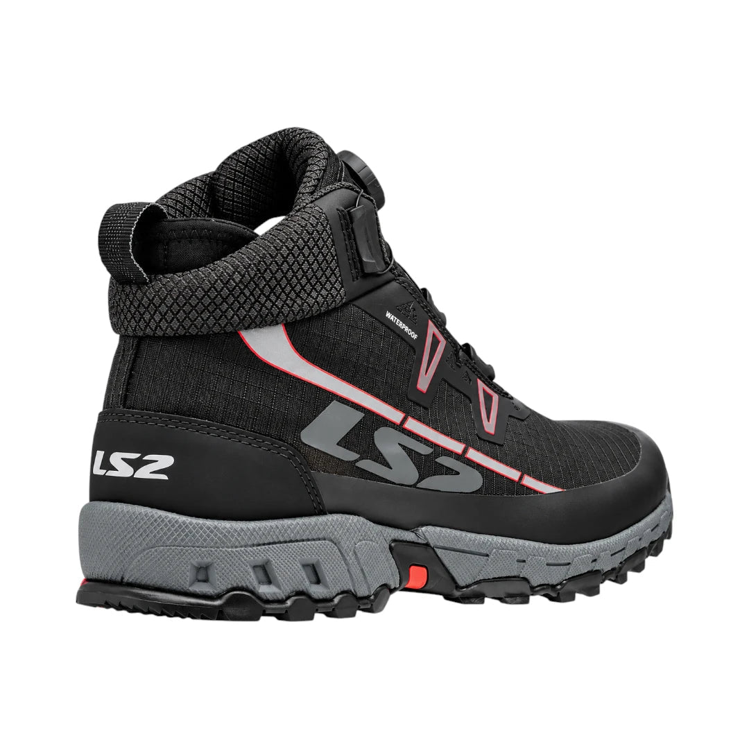 LS2 Trekker black waterproof adventure motorcycle boots with SPINON lacing and grey rubber outsole