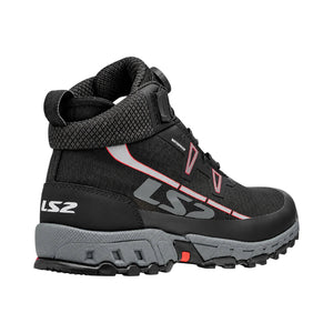LS2 Trekker black waterproof adventure motorcycle boots with SPINON lacing and grey rubber outsole