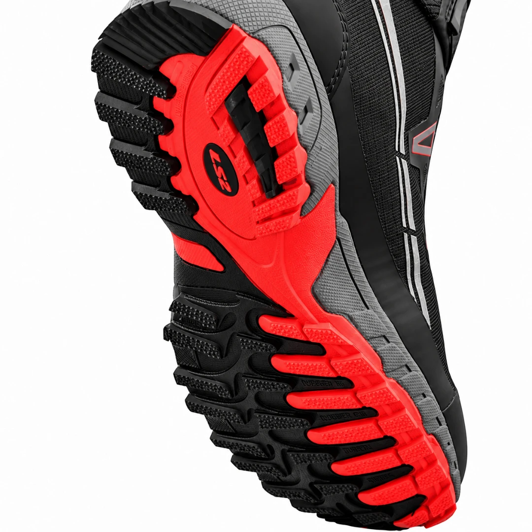 LS2 Trekker waterproof adventure motorcycle boot showing the black and red dual-density rubber outsole