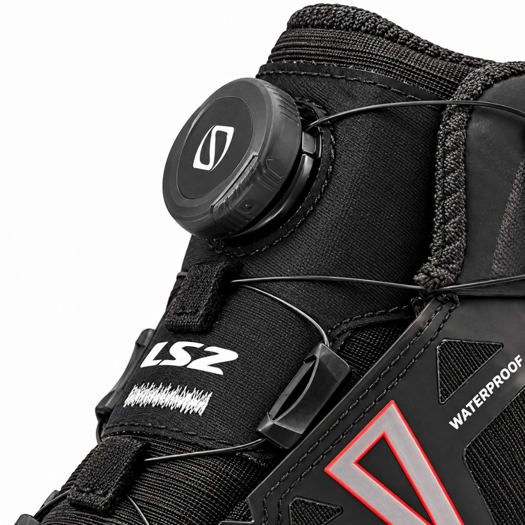 LS2 Trekker waterproof motorcycle boot featuring the SPINON quick lacing system dial and black ripstop fabric