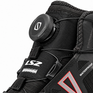 LS2 Trekker waterproof motorcycle boot featuring the SPINON quick lacing system dial and black ripstop fabric