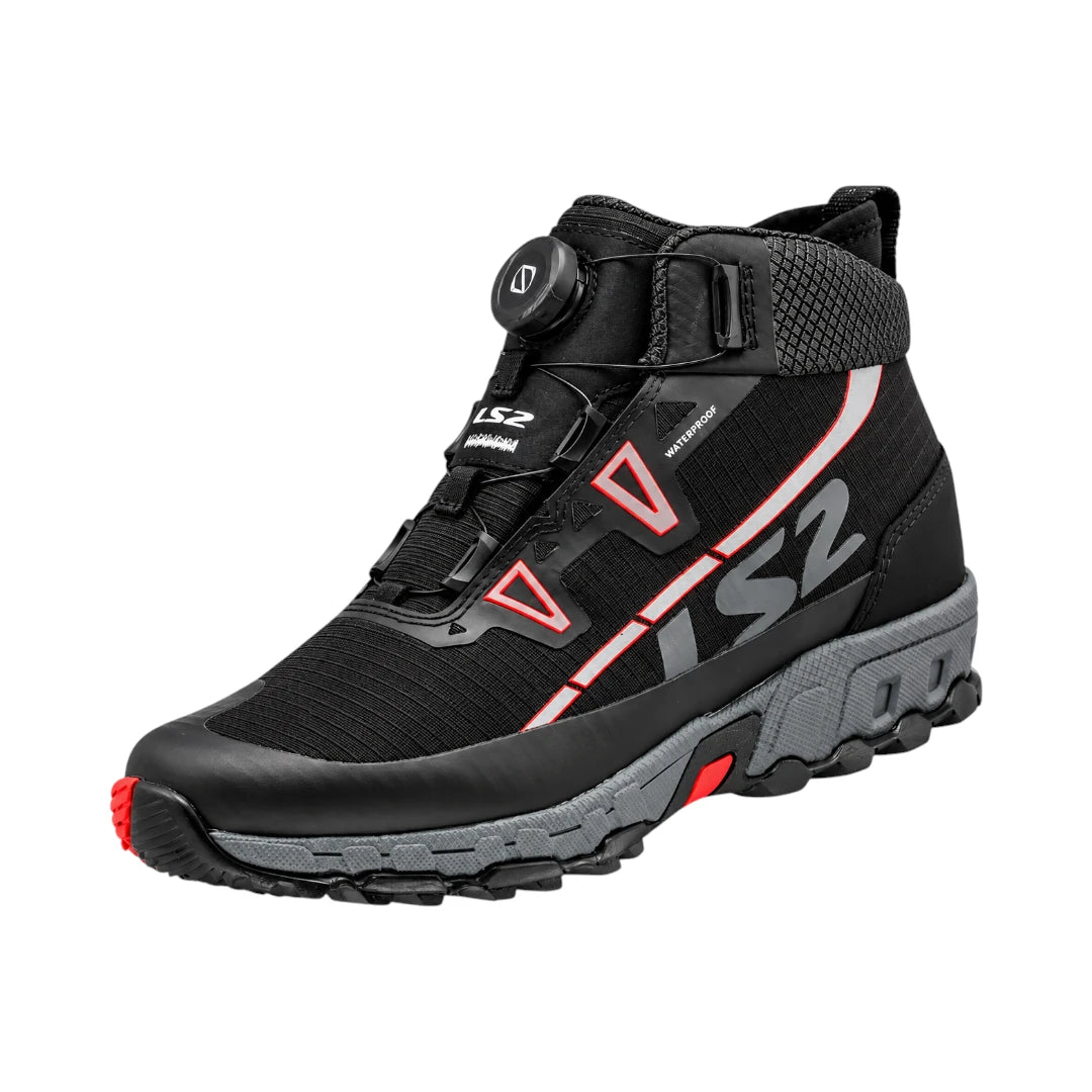 LS2 Trekker waterproof adventure motorcycle boots in black with SPINON lacing and reinforced ankle protection.