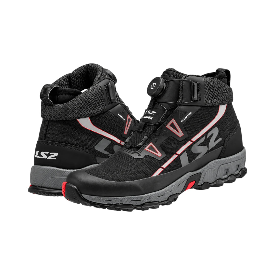 LS2 Trekker black waterproof adventure motorcycle boots with SPINON lacing and durable ripstop construction.