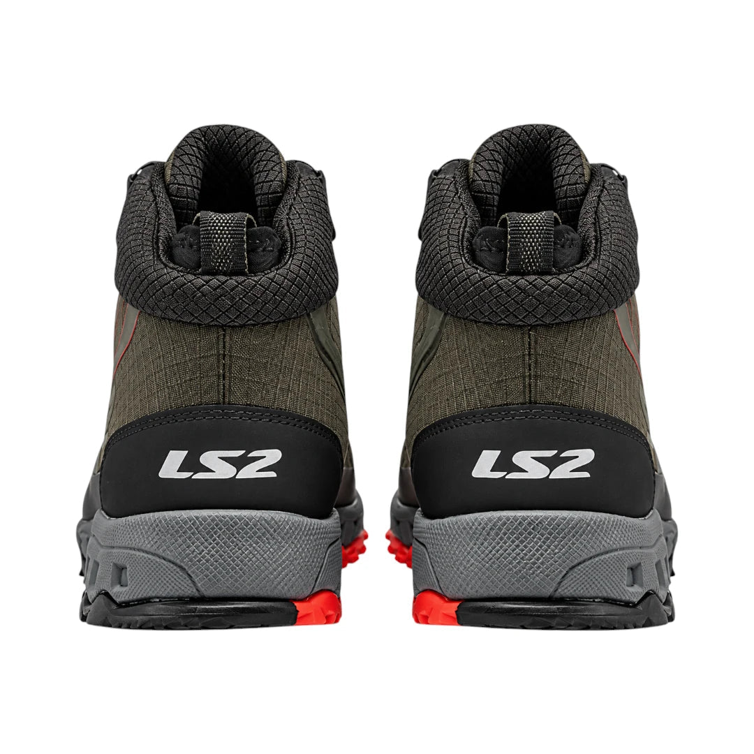 Rear view of LS2 Trekker olive green waterproof adventure motorcycle boots with reinforced heel protection.