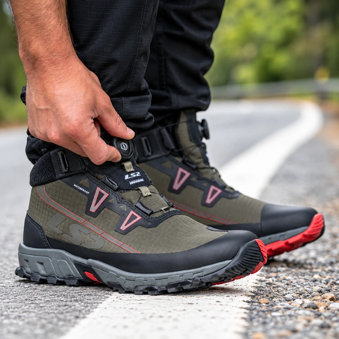 LS2 Trekker olive green waterproof adventure motorcycle boots with SPINON lacing system on a rider