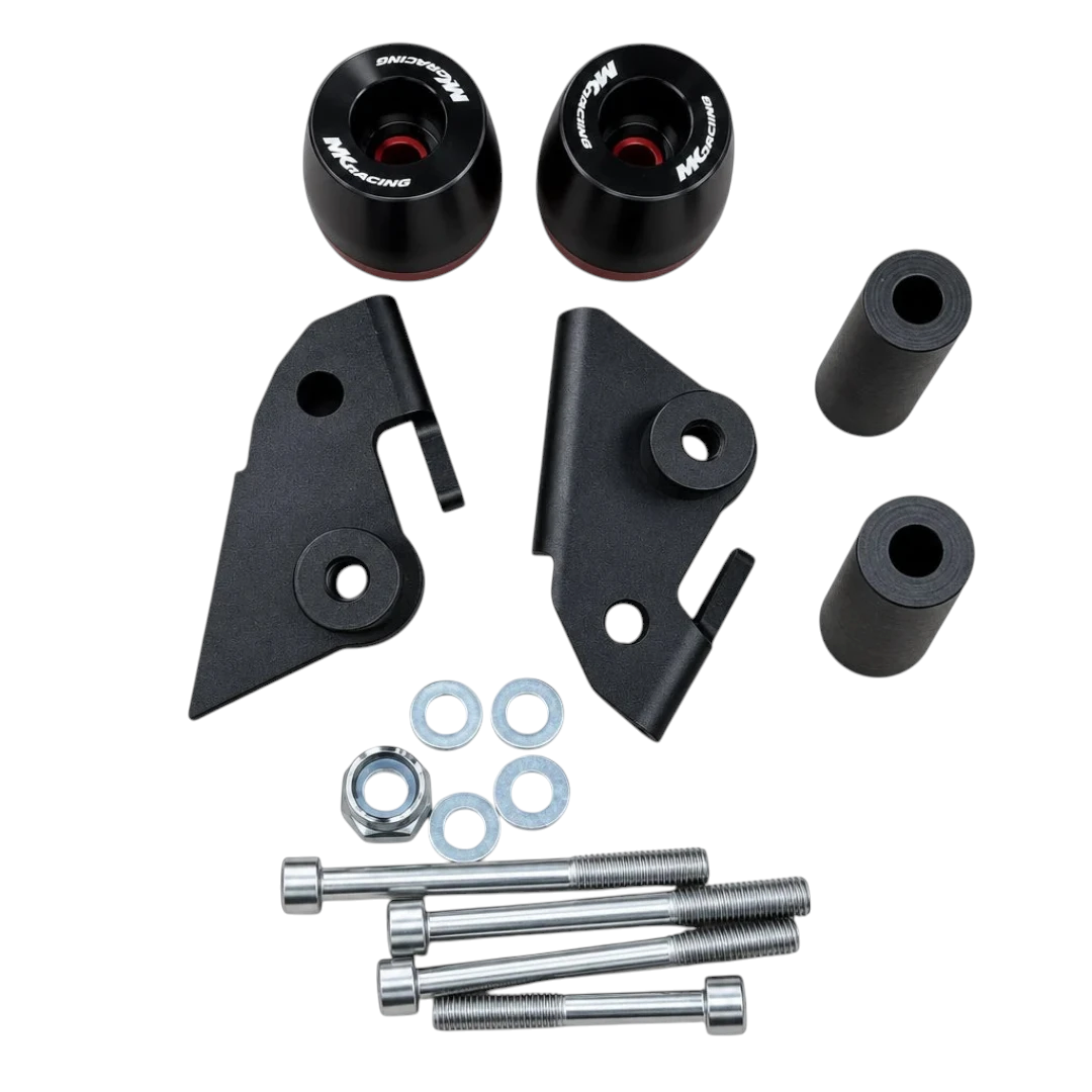 MK Racing frame slider kit for Aprilia RS 457 with black Delrin pucks, red accents, and mounting hardware.