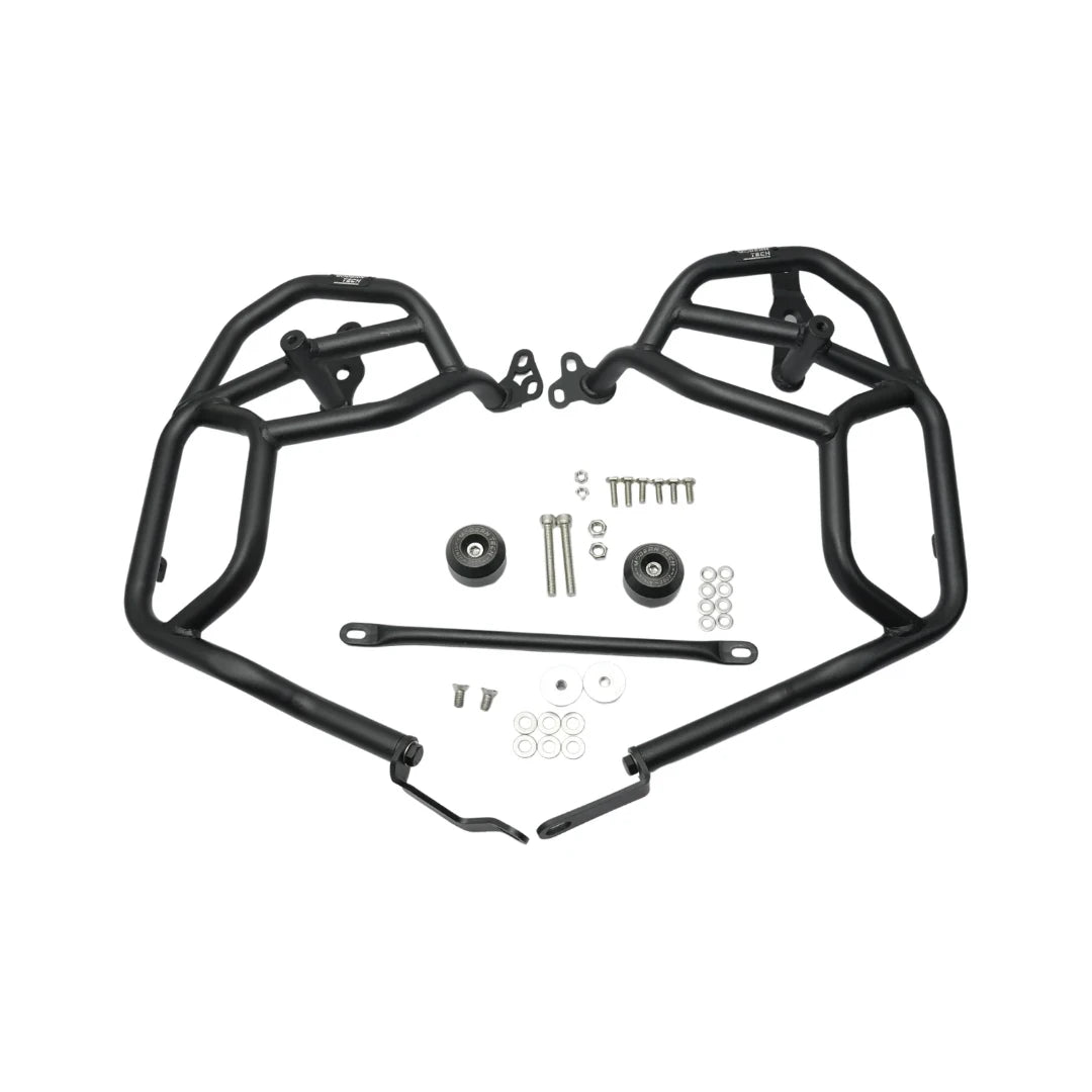 Black tubular steel crash guard with integrated sliders for Royal Enfield Himalayan 450 engine protection