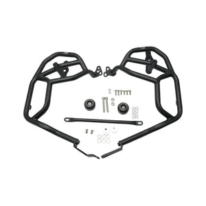 Black tubular steel crash guard with integrated sliders for Royal Enfield Himalayan 450 engine protection