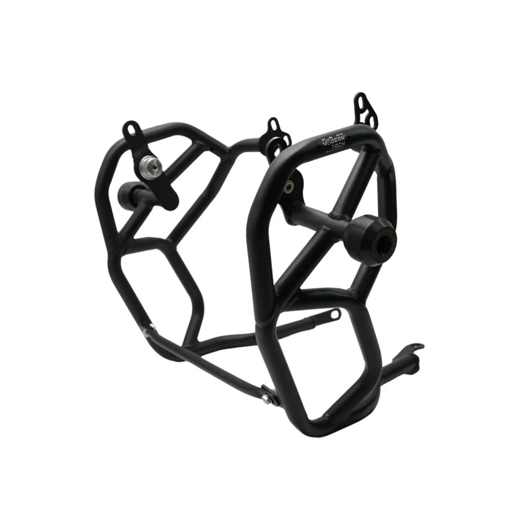 Black tubular steel crash guard with integrated slider for Royal Enfield Himalayan 450 engine protection.