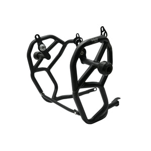 Black tubular steel crash guard with integrated slider for Royal Enfield Himalayan 450 engine protection.