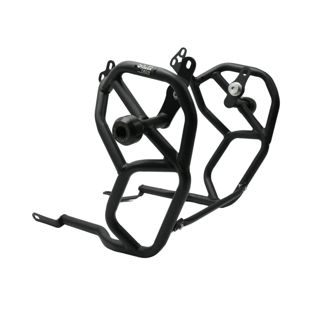 Black tubular steel engine crash guard with integrated slider for Royal Enfield Himalayan 450 motorcycle.