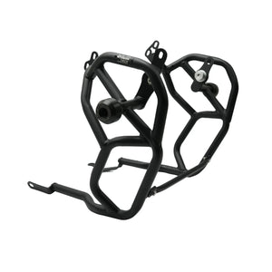 Black tubular steel engine crash guard with integrated slider for Royal Enfield Himalayan 450 motorcycle.