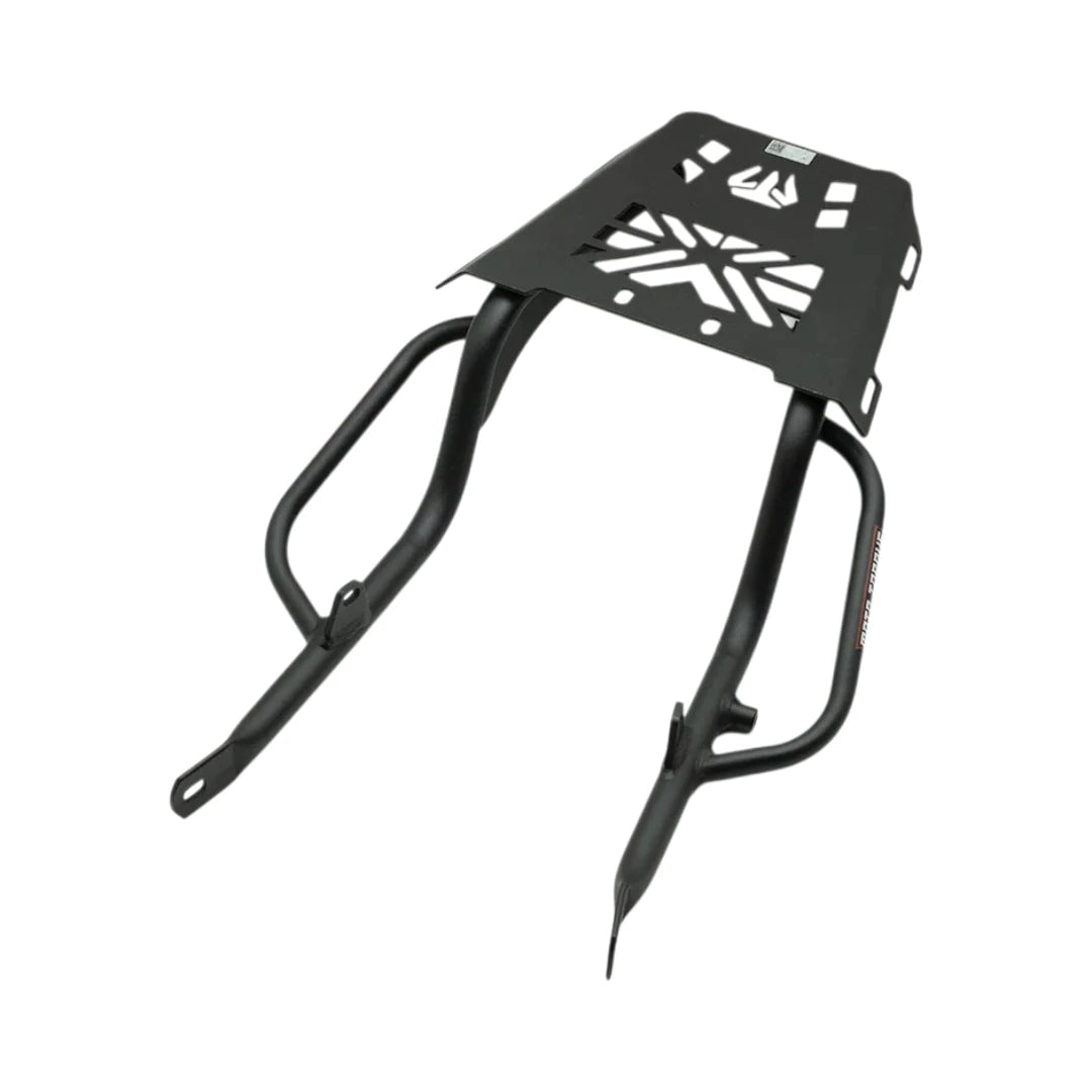 Black tubular steel back carrier for Honda CB 350 RS with a laser-cut luggage mounting plate