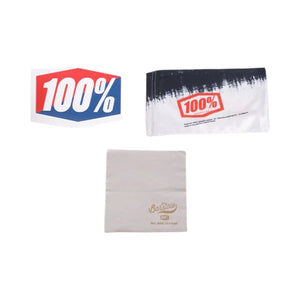 Motodrift 100% motocross goggles accessories including branded stickers and a protective microfiber storage pouch