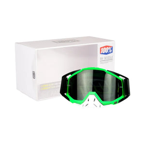 Motodrift 100% motocross racing goggles in neon green and black with a high-impact lens and protective storage box.