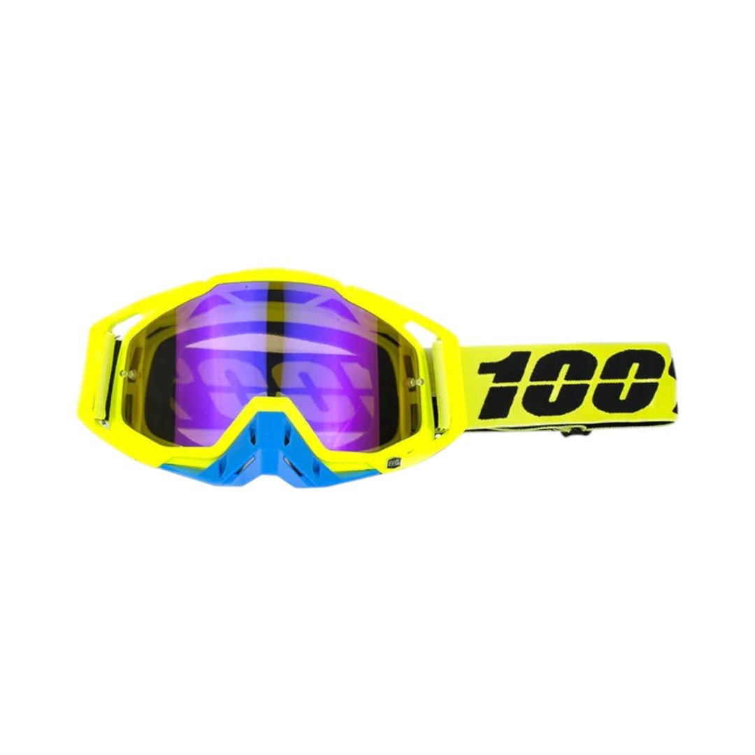 Motodrift 100% motocross goggles in bright yellow and blue with a reflective purple lens and branded yellow strap.