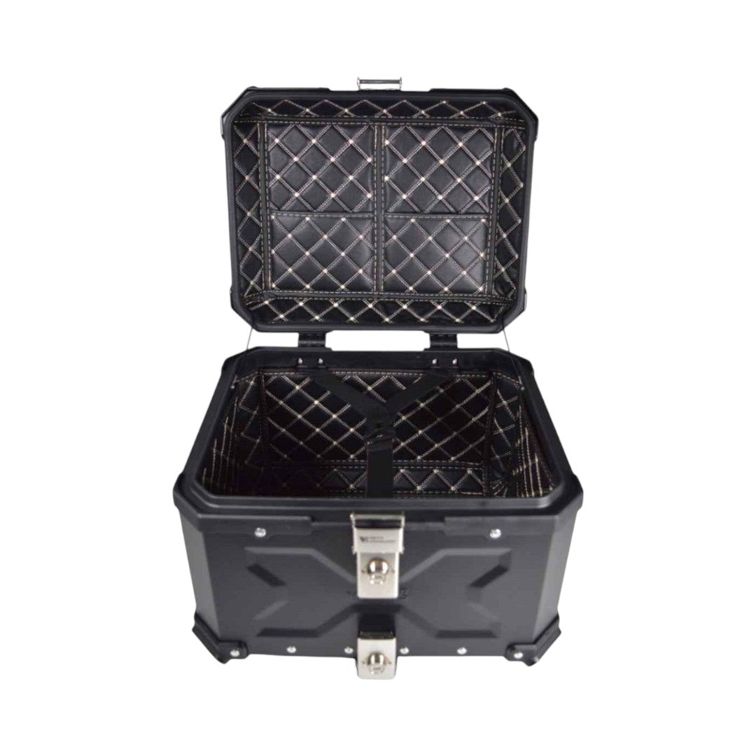 Motodrift 45L aluminium motorcycle top box with open lid, featuring a black finish and quilted interior lining.