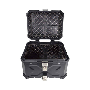 Motodrift 45L aluminium motorcycle top box with open lid, featuring a black finish and quilted interior lining.
