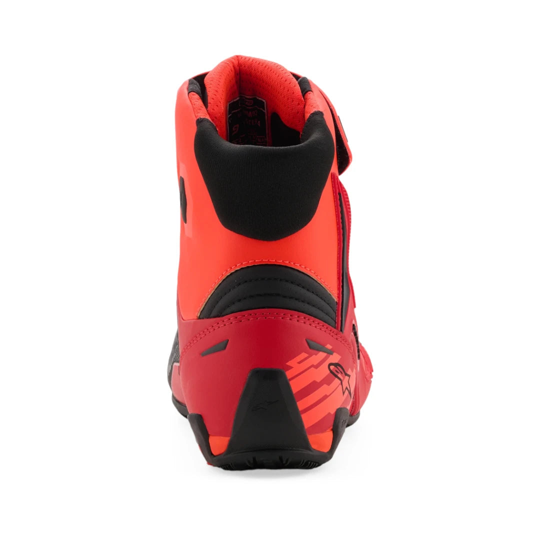 Motodrift Alpinestars MM93 Faster-4 riding shoes in red and black, showing the reinforced heel and ankle support.