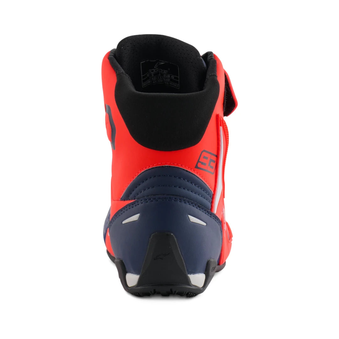 Motodrift Alpinestars MM93 Faster-4 riding shoes in red fluo and dark blue, rear view showing heel reinforcement.