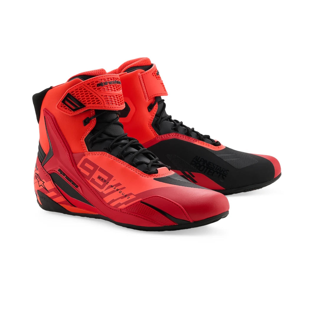 Motodrift Alpinestars MM93 Faster-4 riding shoes in bright red and black microfiber with protective TPU ankle details.