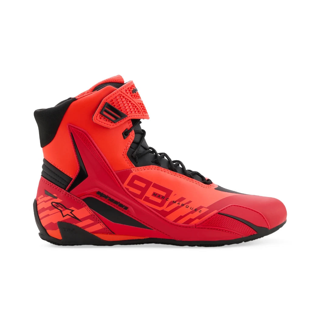 Motodrift Alpinestars MM93 Faster-4 riding shoes in bright red and black with protective TPU ankle and heel details.
