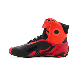 Motodrift Alpinestars MM93 Faster-4 motorcycle riding shoes in red and black with ankle protection and lace-up design