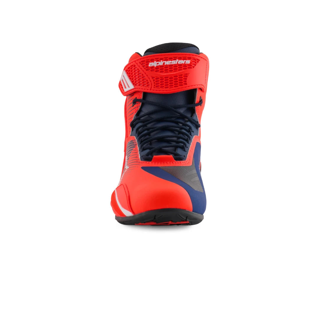Motodrift Alpinestars MM93 Faster-4 sport riding shoes in red fluo and dark blue with protective TPU ankle details.