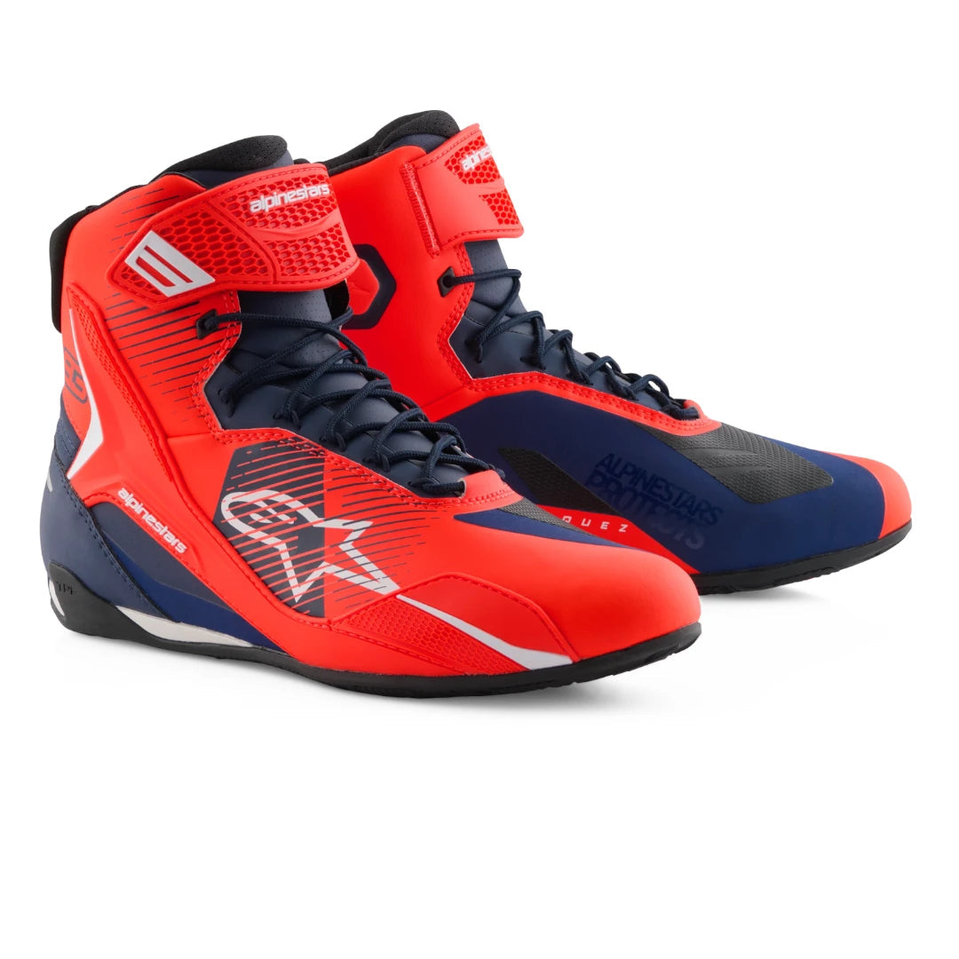Motodrift Alpinestars MM93 Faster-4 riding shoes in red fluo and dark blue with protective TPU and microfiber design