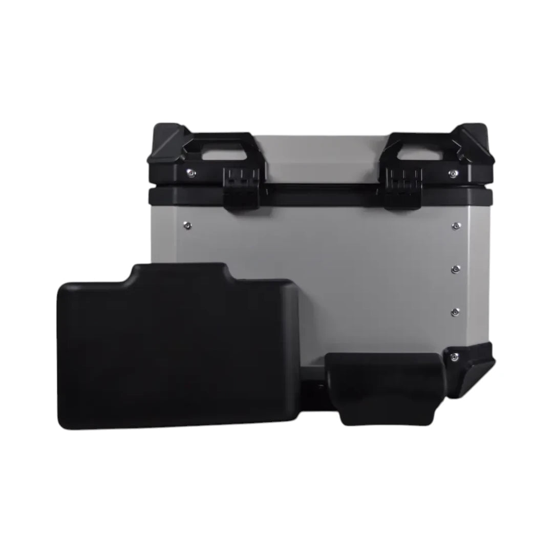 Motodrift Moto Vanguard 45L aluminium motorcycle top box with black reinforced corners and secure locking latches.