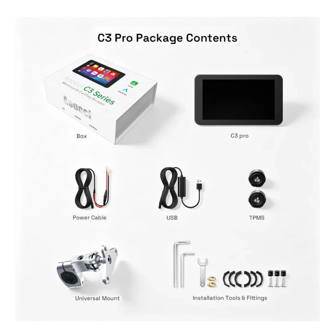 Motodrift Aoocci C3 Plus 5-inch motorcycle wireless touchscreen display with TPMS sensors, mount, and cables.