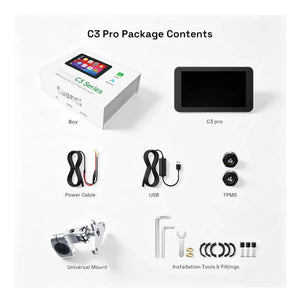 Motodrift Aoocci C3 Plus 5-inch motorcycle wireless touchscreen display with TPMS sensors, mount, and cables.