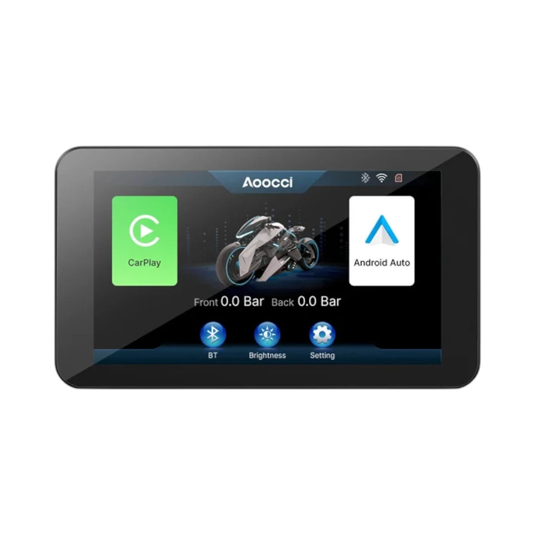 Motodrift Aoocci C3 Plus 5-inch motorcycle wireless touchscreen display showing CarPlay and Android Auto interface