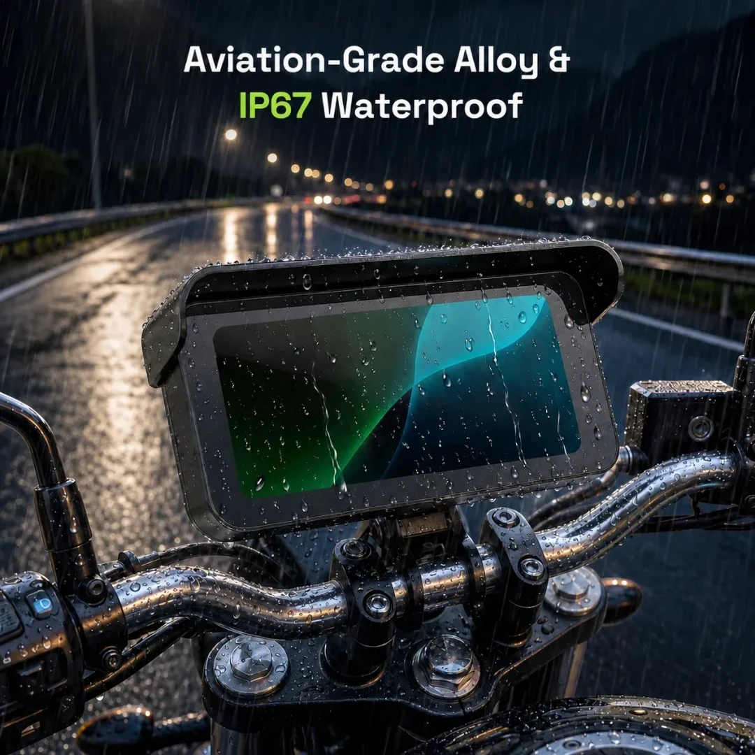 Motodrift Aoocci C6 Pro motorcycle CarPlay display mounted on handlebars during rain with IP67 waterproof alloy casing