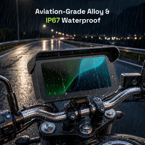 Motodrift Aoocci C6 Pro motorcycle CarPlay display mounted on handlebars during rain with IP67 waterproof alloy casing