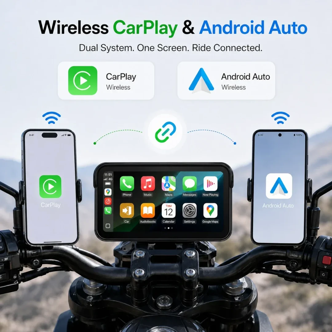 Motodrift Aoocci C6 Pro motorcycle display showing wireless Apple CarPlay and Android Auto connectivity on handlebars