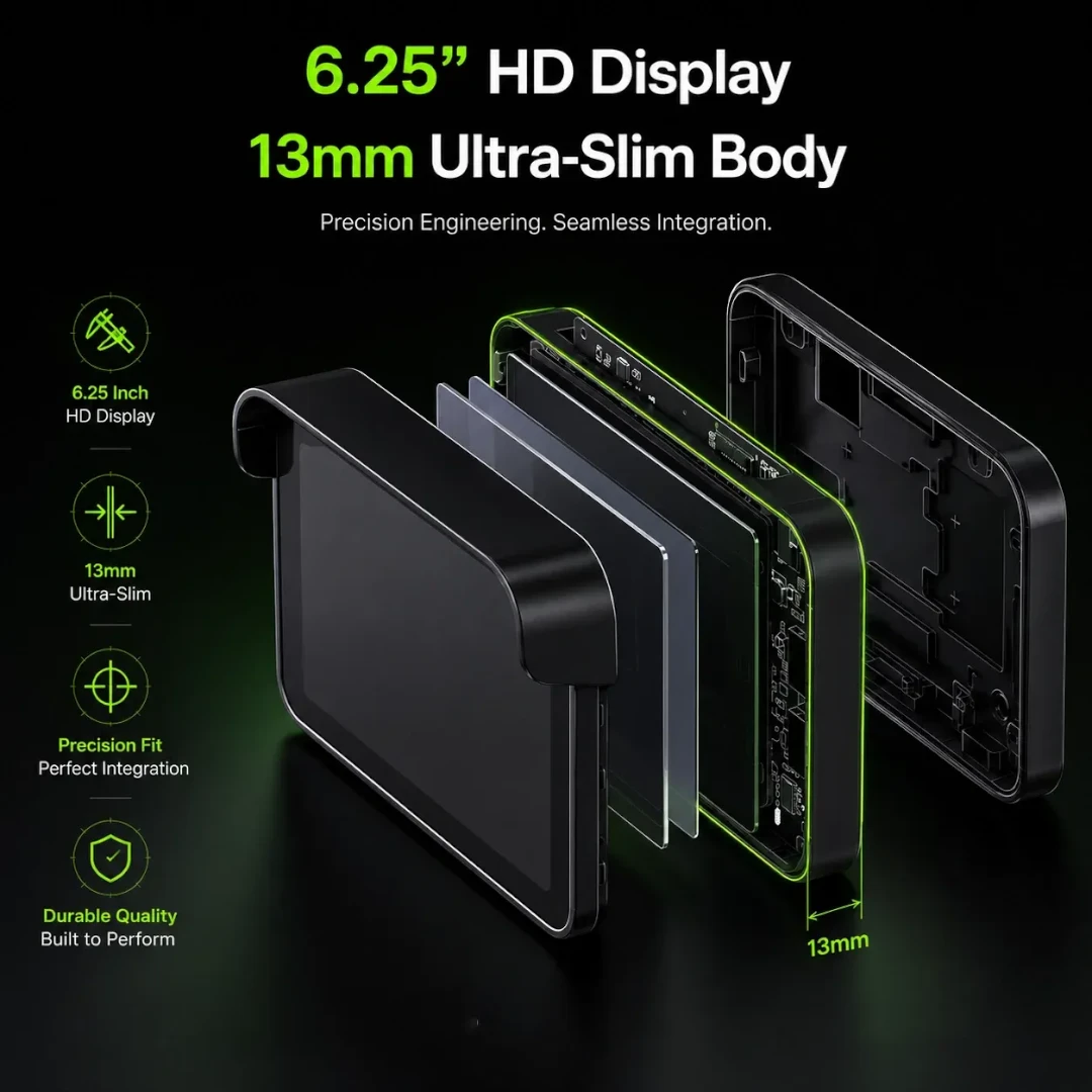 Motodrift Aoocci C6 Pro motorcycle dash cam showing a 6.25-inch display and 13mm ultra-slim exploded view design.