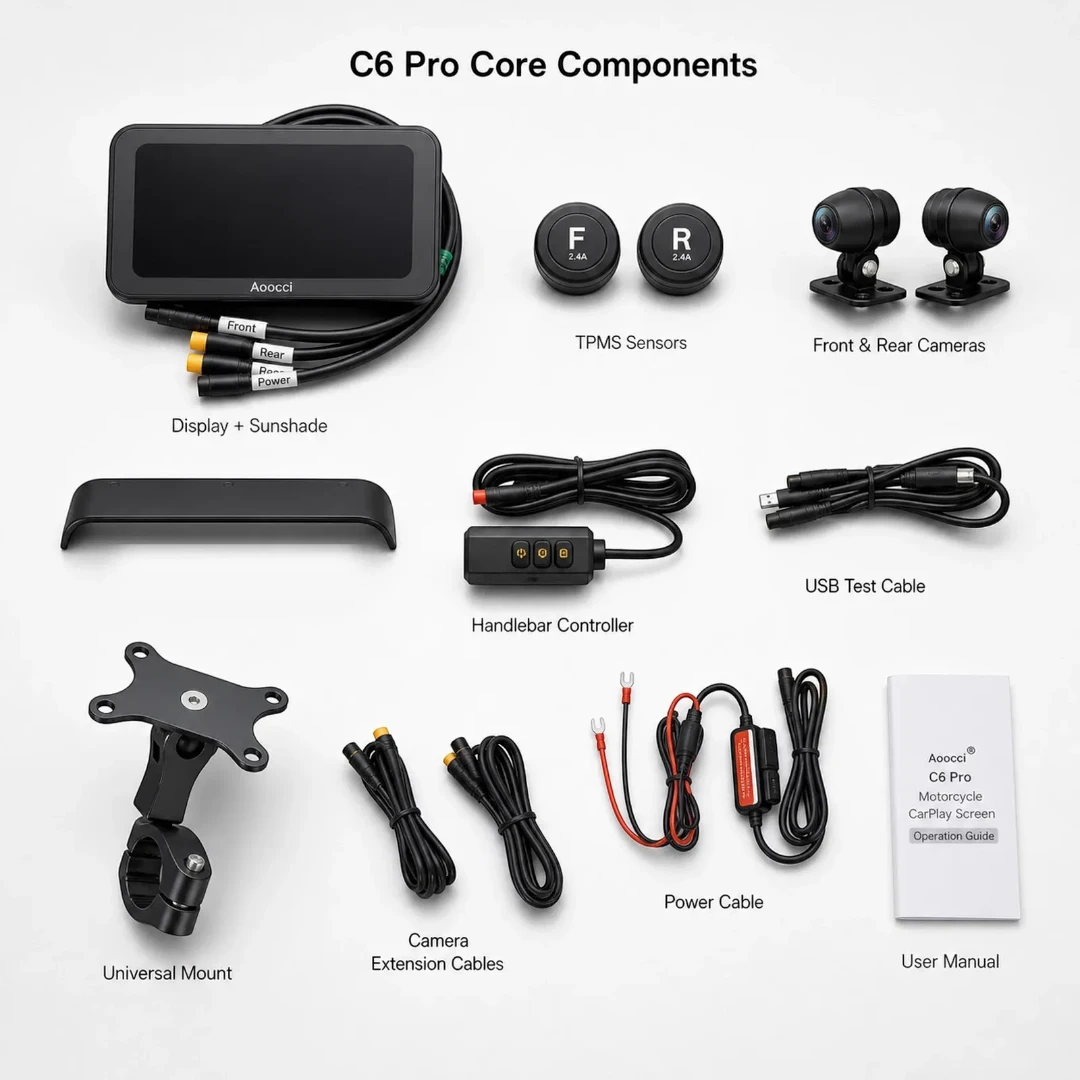 Motodrift Aoocci C6 Pro motorcycle CarPlay display kit with dual cameras, TPMS sensors, handlebar controller, and cables.