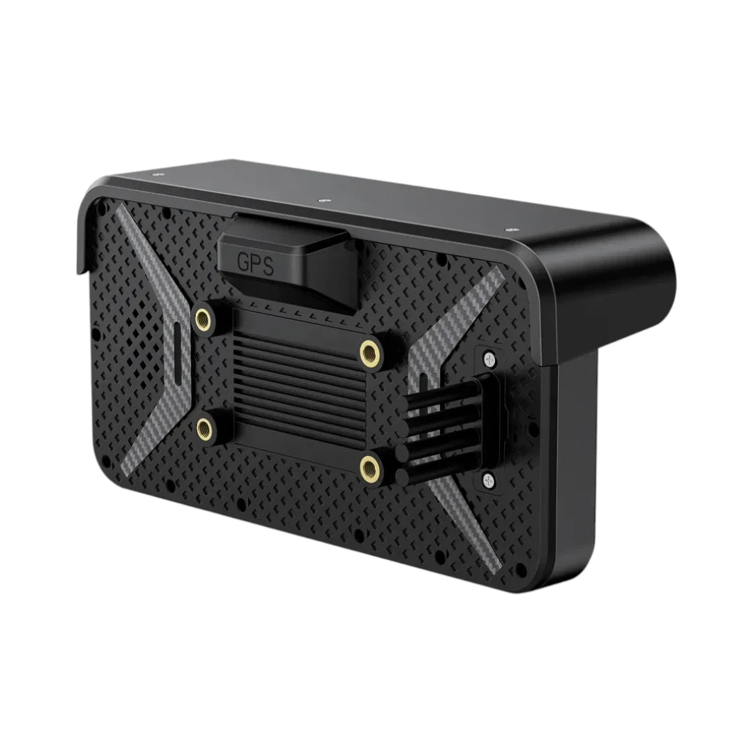 Motodrift Aoocci C6 Pro motorcycle dash cam rear view showing the mounting bracket, GPS module, and carbon fiber texture