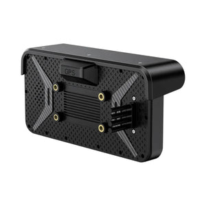 Motodrift Aoocci C6 Pro motorcycle dash cam rear view showing the mounting bracket, GPS module, and carbon fiber texture