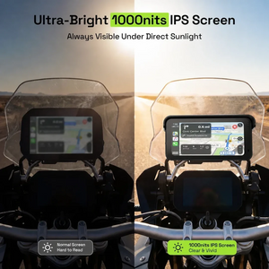 Motodrift Aoocci C6 Pro motorcycle CarPlay display showing high-brightness IPS screen visibility in direct sunlight.