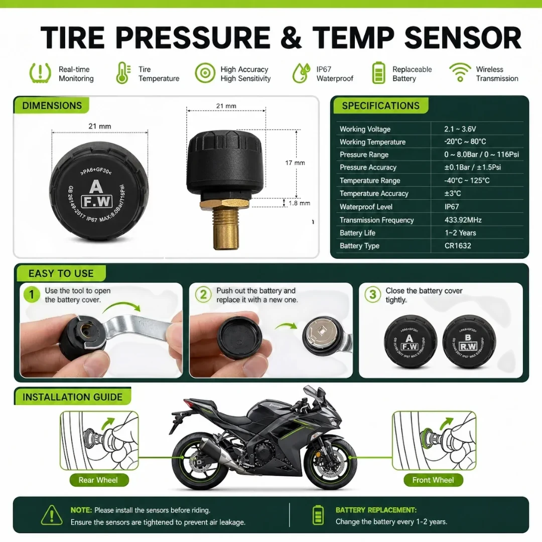 Motodrift Aoocci C6 Pro motorcycle TPMS sensor infographic showing installation, battery replacement, and specifications.
